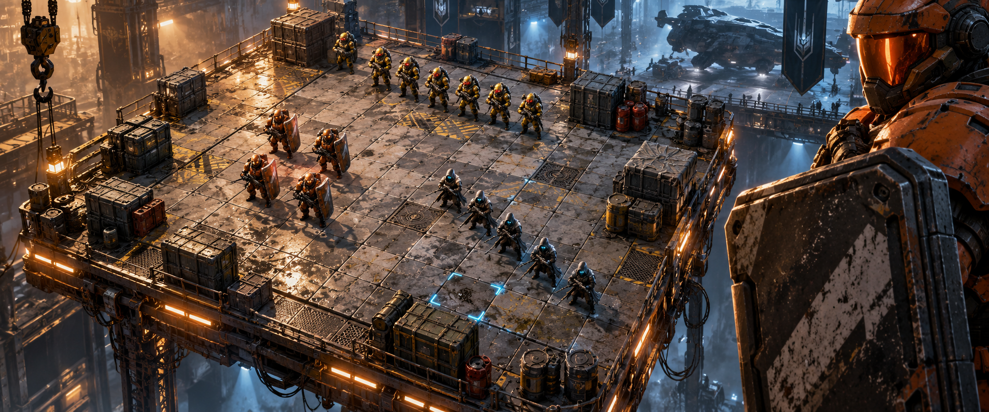 Promotional illustration of a sci-fi tactical arena with three squad formations